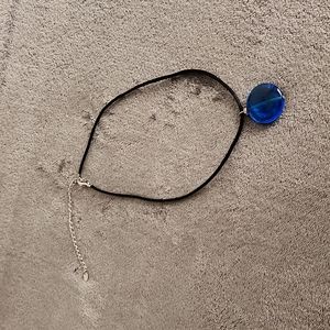 Blue Glass Oval w 8" Drop Black Chord, Extension, Made in Itlay w5 Rhinestones